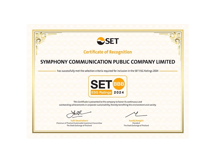 SYMPHONY has been awarded “BBB” rating in the “SET ESG Ratings” for 2024 by the Stock Exchange of Thailand